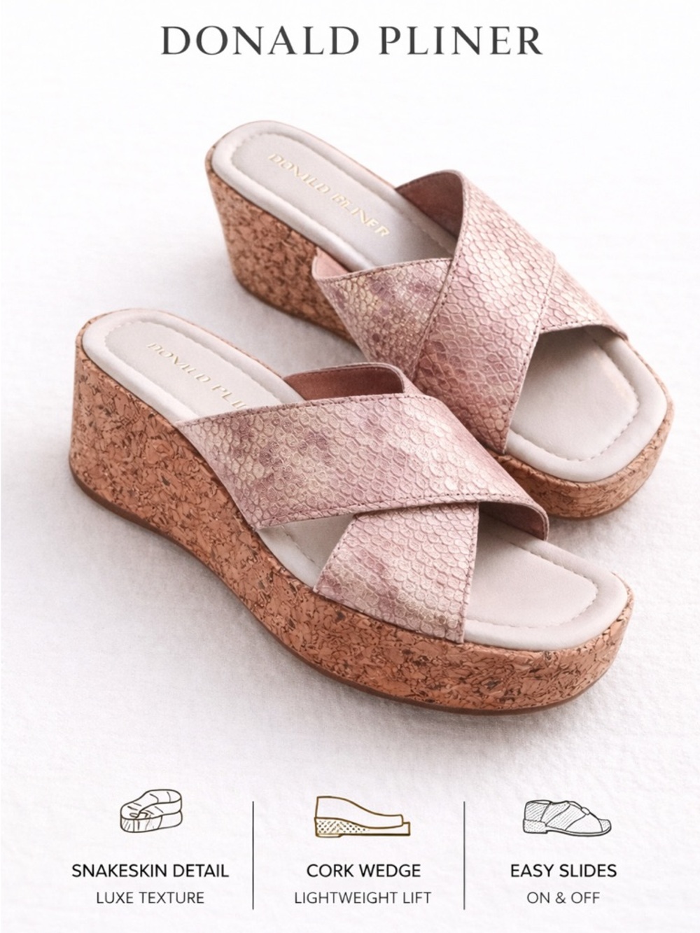 Donald Pliner Cork Wedge Slides Snakeskin Metallic Pink 5.5